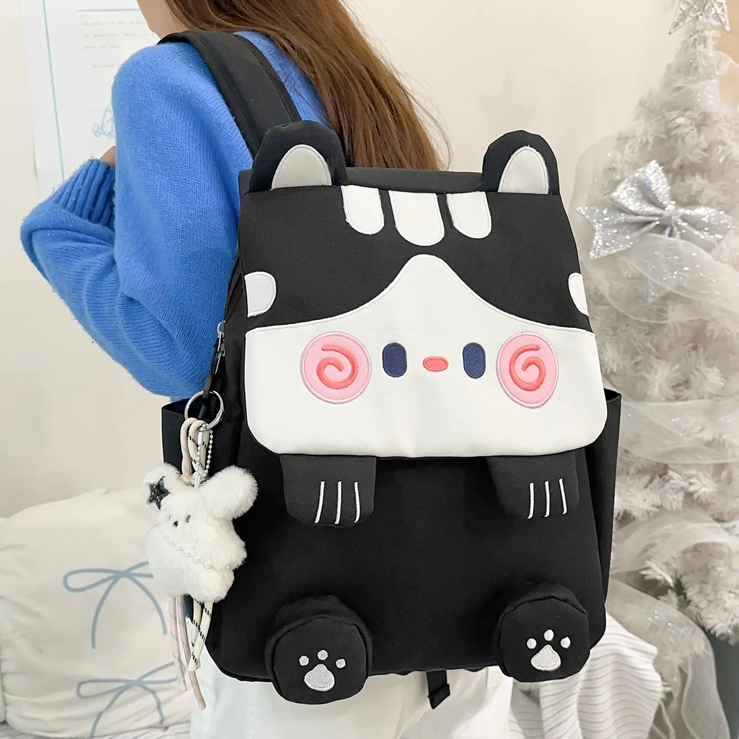 3D Cat Face Backpack with Embroidered Swirl Cheeks & Hanging Paws | Cute Animal-Shaped Daypack with Plush Charm & Side Pockets | Lightweight Travel Rucksack for Casual Outings