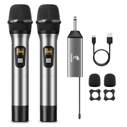 TONOR TW630 Lightweight UHF Dual Handheld Cordless Metal Dynamic Wireless Microphone System - 200ft Range, 15 Channels, Rechargeable Plug-in Receiver, USB-Charge Capability, Adjustable Audio, Cable Compatible for Karaoke, Wedding, Mixers, 1 X Receiver Wit