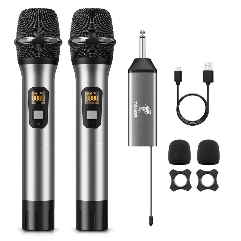 TONOR TW630 Lightweight UHF Dual Handheld Cordless Metal Dynamic Wireless Microphone System - 200ft Range, 15 Channels, Rechargeable Plug-in Receiver, USB-Charge Capability, Adjustable Audio, Cable Compatible for Karaoke, Wedding, Mixers, 1 X Receiver Wit