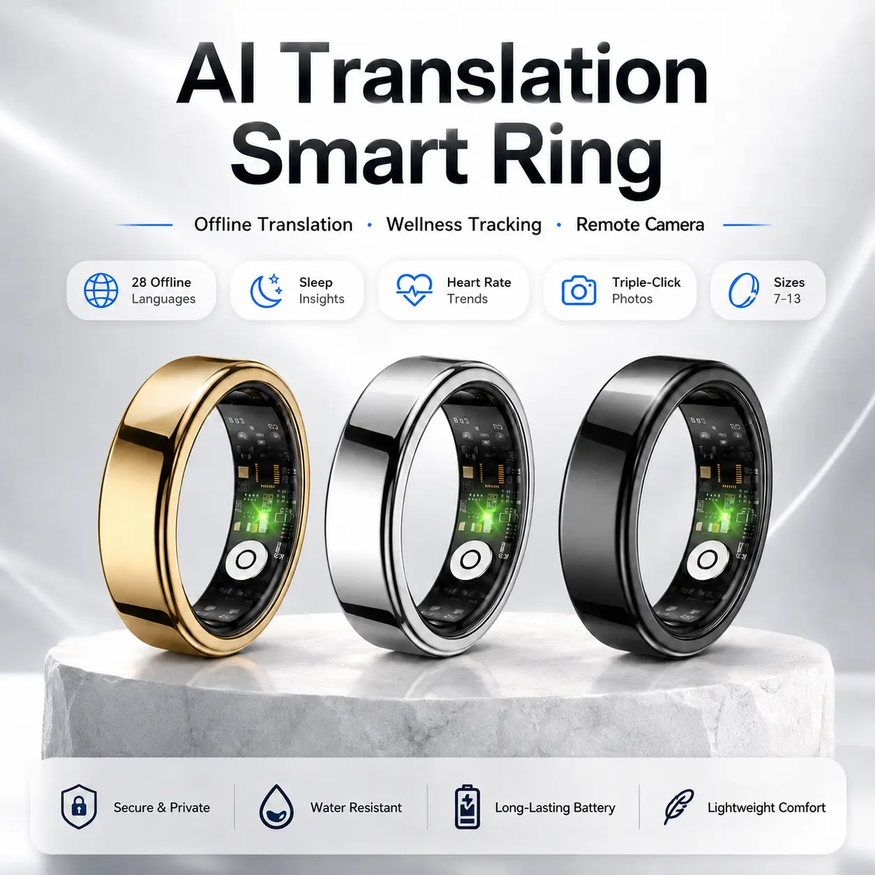 AI Translation Smart Ring, 28 Offline Languages, No Subscription Fitness Tracker Ring with Sleep Insights, Heart Rate Trends, Blood Oxygen Trends, Remote Camera Control, Water Resistant Smart Wearable, Size Guide Included, Gold Silver Black, Sizes 7-13