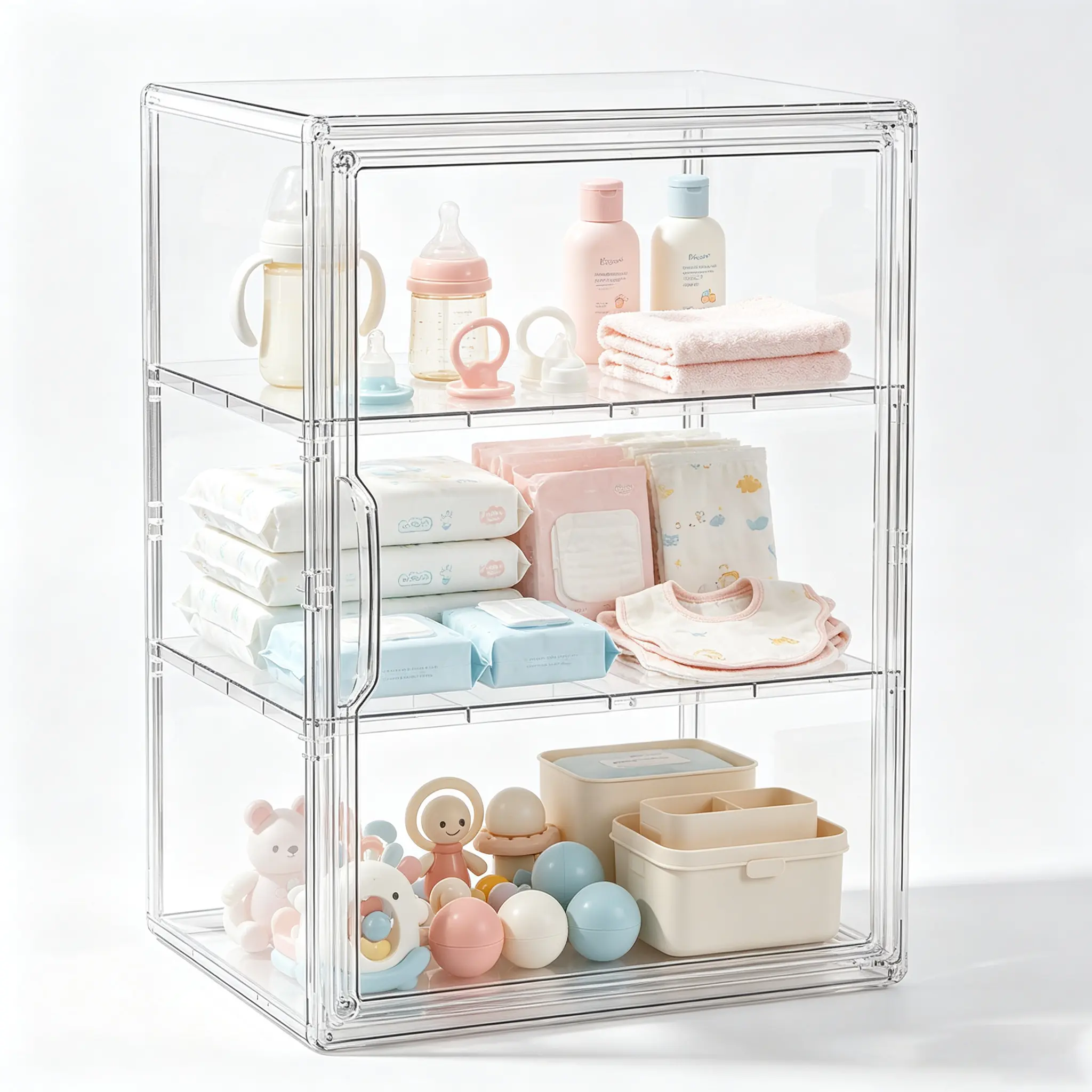 3-Tier Stackable Acrylic Storage Display Cabinet with Door, Dustproof Countertop Storage Container, Organiser Box for Baby Nursery Supplies (Diapers, Bottles, Wipes), Acrylic Organizers, Collectors Box