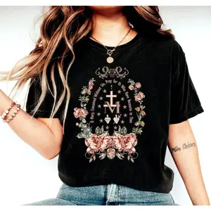 Large size,womens street style shirt,Marian Catholic T-Shirt, Virgin Mary T-shirt, Catholic Gifts For Women, Catholic T-shirt, Marian Cross Shirt, Floral Women Religious Shirts,boxy tshirt,high,quality,shirts,camiseta con estampado