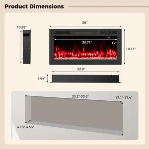 COSTWAY - Smart WiFi Electric Fireplace Wall Mounted & Recessed 750W/1500W Heater-36 Inch