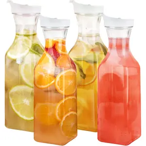 [50 oz - 4 Pack] Plastic Carafe with Lid, Large Capacity Square Base - Clear Pitcher with Flip Top Lid, Easy-Pour Spout Juice Containers with Lids, Hand Wash Only - for Mimosa Bar