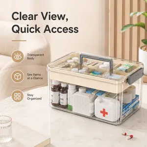 UFORU Double-Layer Transparent PET Medicine Storage Box with Handle, Sealed Moisture-Proof First Aid Kit for Home, Large-Capacity Medication Organizer Box, Household Storage Box, Suitable for Home/School/Travel
