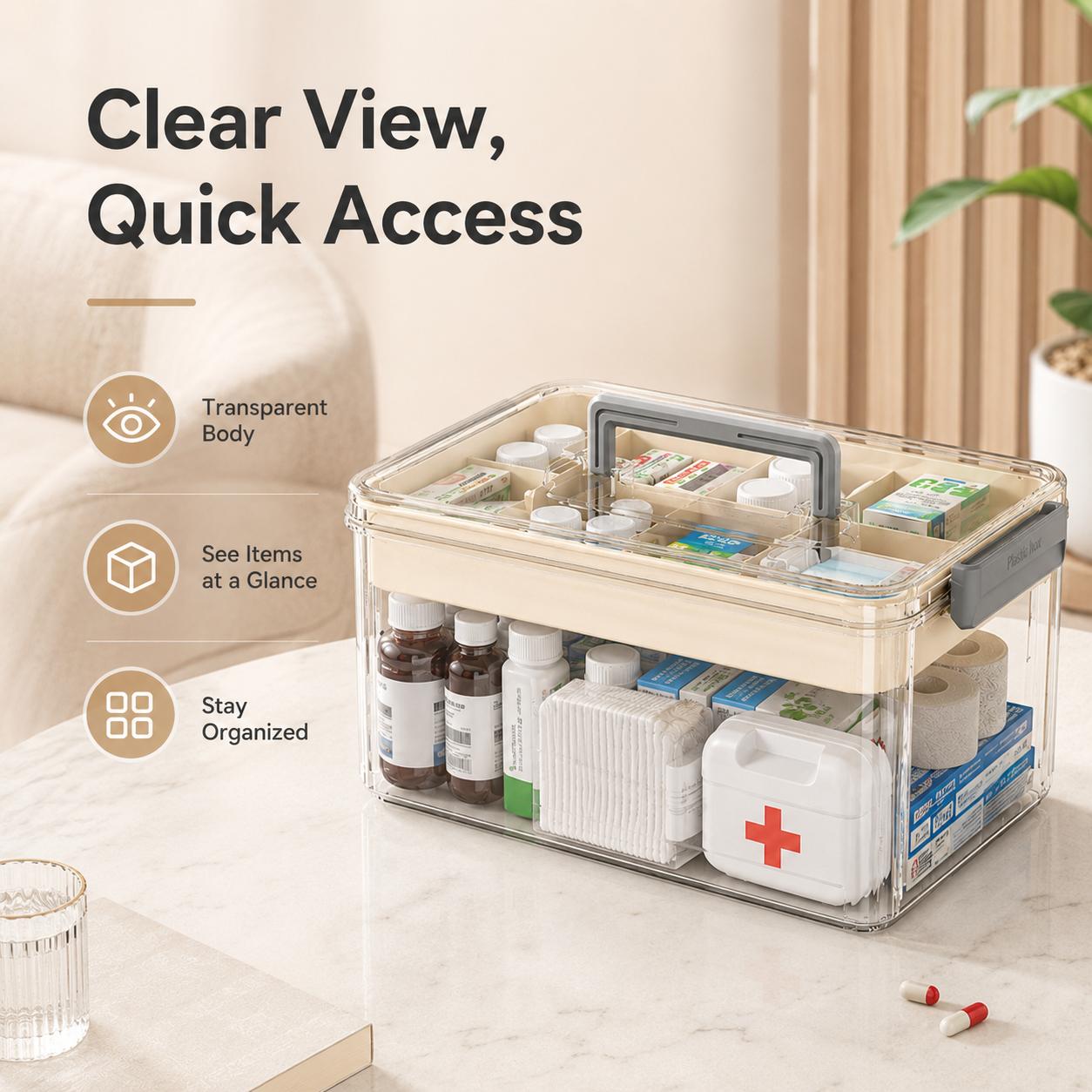 UFORU Modern Large Capacity Rectangle Medicine Organizer Box, Eco-Friendly Home Storage Bin, Double Layer Transparent PET Case with Handle, Snap-Seal Dryness Dust & Insect Block Moisture-Proof First Aid Kit - Suitable for Home/Travel