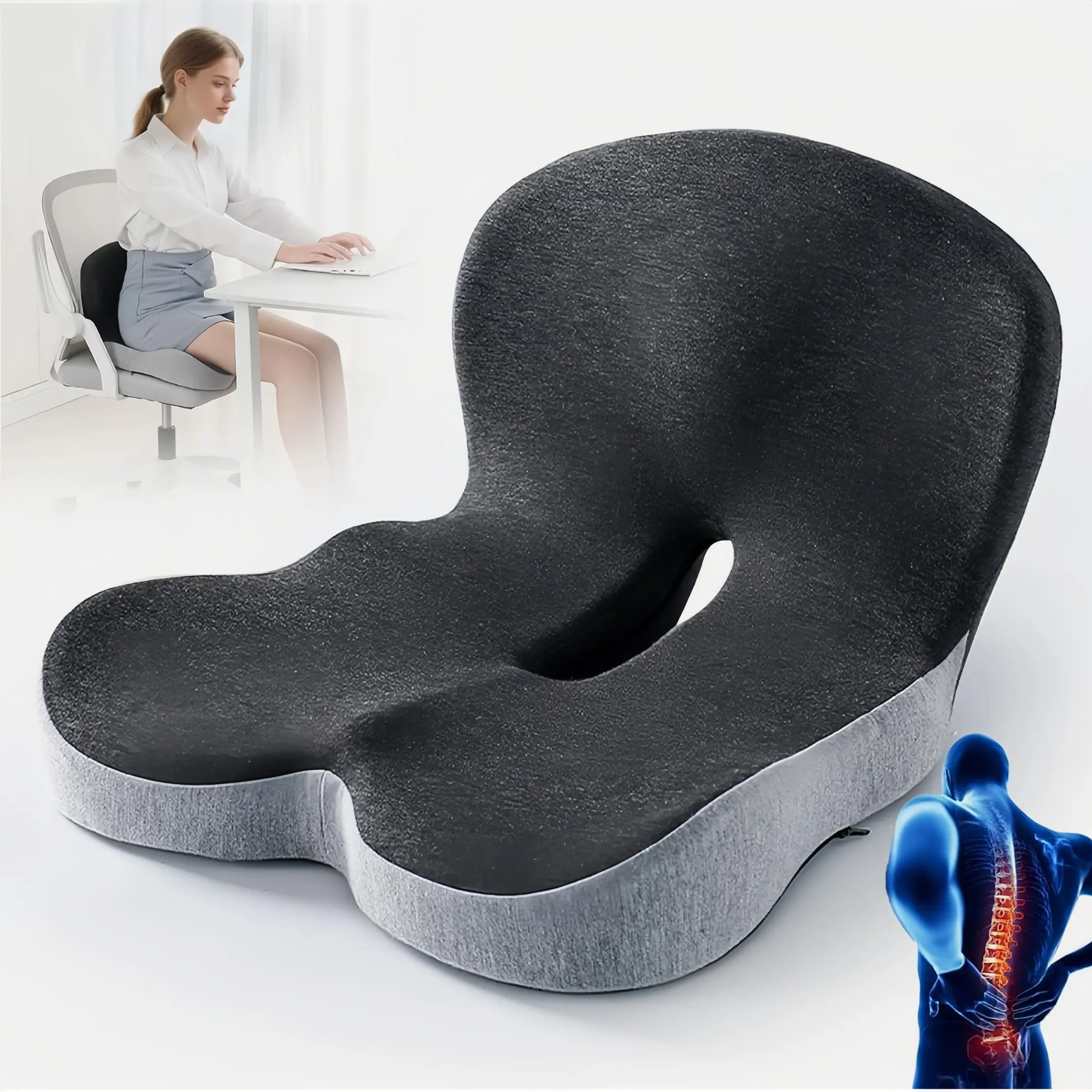 Ergonomic Memory Foam Seat Cushion & Lumbar Support Set with Non-Slip Bottom - Coccyx Pillow for Desk Chair, Pregnancy, Wheelchairs & Stress Relief, Pain Relief, Office Desk, L-Shape, Detachable Cover, 17.3X16.5x12.6", Coccyx Relief