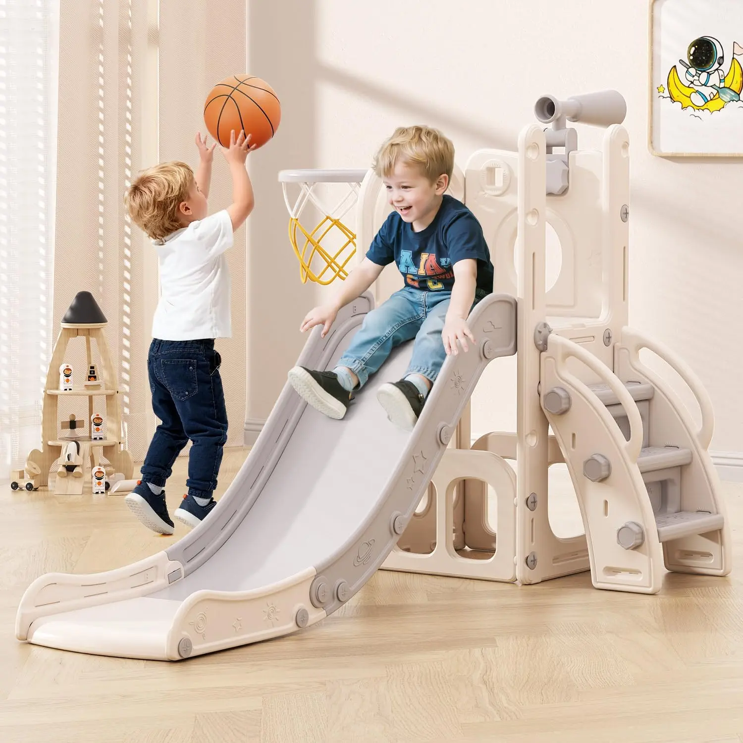 BIERUM 6-in-1 Toddler Slide Playset - HDPE Climber with Basketball Hoop, Telescope, Playroom Storage, Compact Kids Playground Equipment for Ages 1-3, Durable Holiday Sports Structure to Boost Coordination
