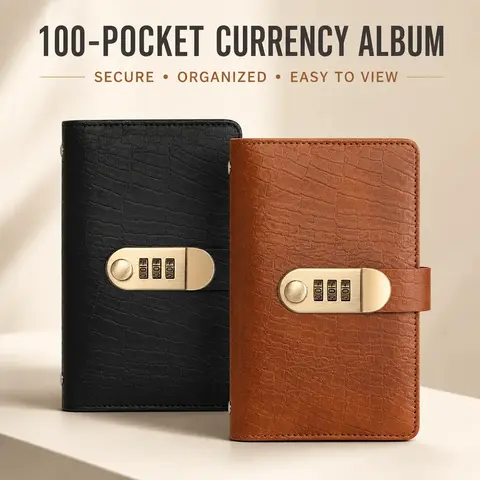 Currency Collector Album with 100 Pockets, 3-Digit Combination Lock, 50 Double-Sided Transparent Pages, Crocodile-Texture PU Leather Banknote Binder for Paper Money Storage, Gift-Ready Office Accounting Supply (Black/Light Brown)