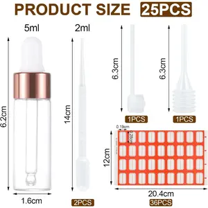 25pcs 0.63*2.4inch Pipette Bottles 5 ml, Transparent Glass Dropper Bottle, Mini Glass Bottle, Liquid Bottles, with 2 ml Dropper & Pipette & Long Tube Dispenser & 36 Labels, for Essential Oil Perfume Aluminium Set