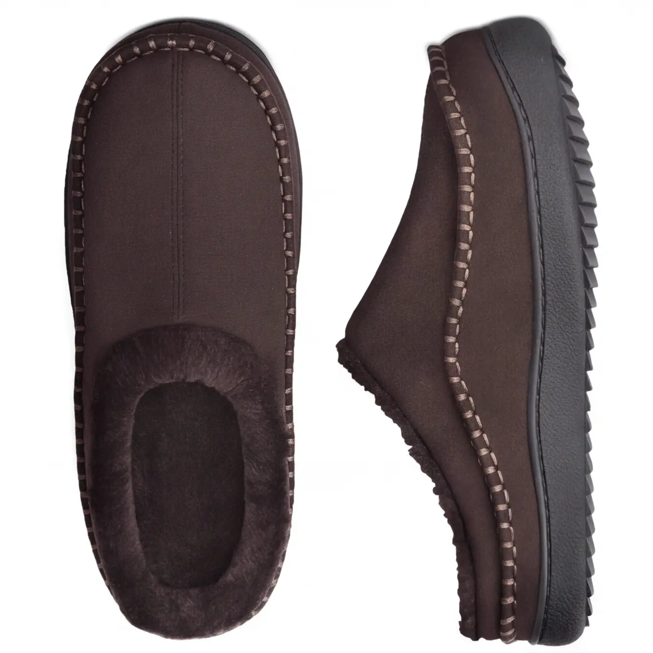 Men's Brown Memory Foam House Slippers, Thick Non-Slip Rubber Sole Indoor Comfort Slip-On Slides