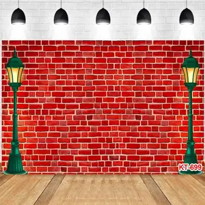 Photography Background Red Brick Wall Green Street Lamps Birthday Party Festive Holiday Photo Studio Backdrop