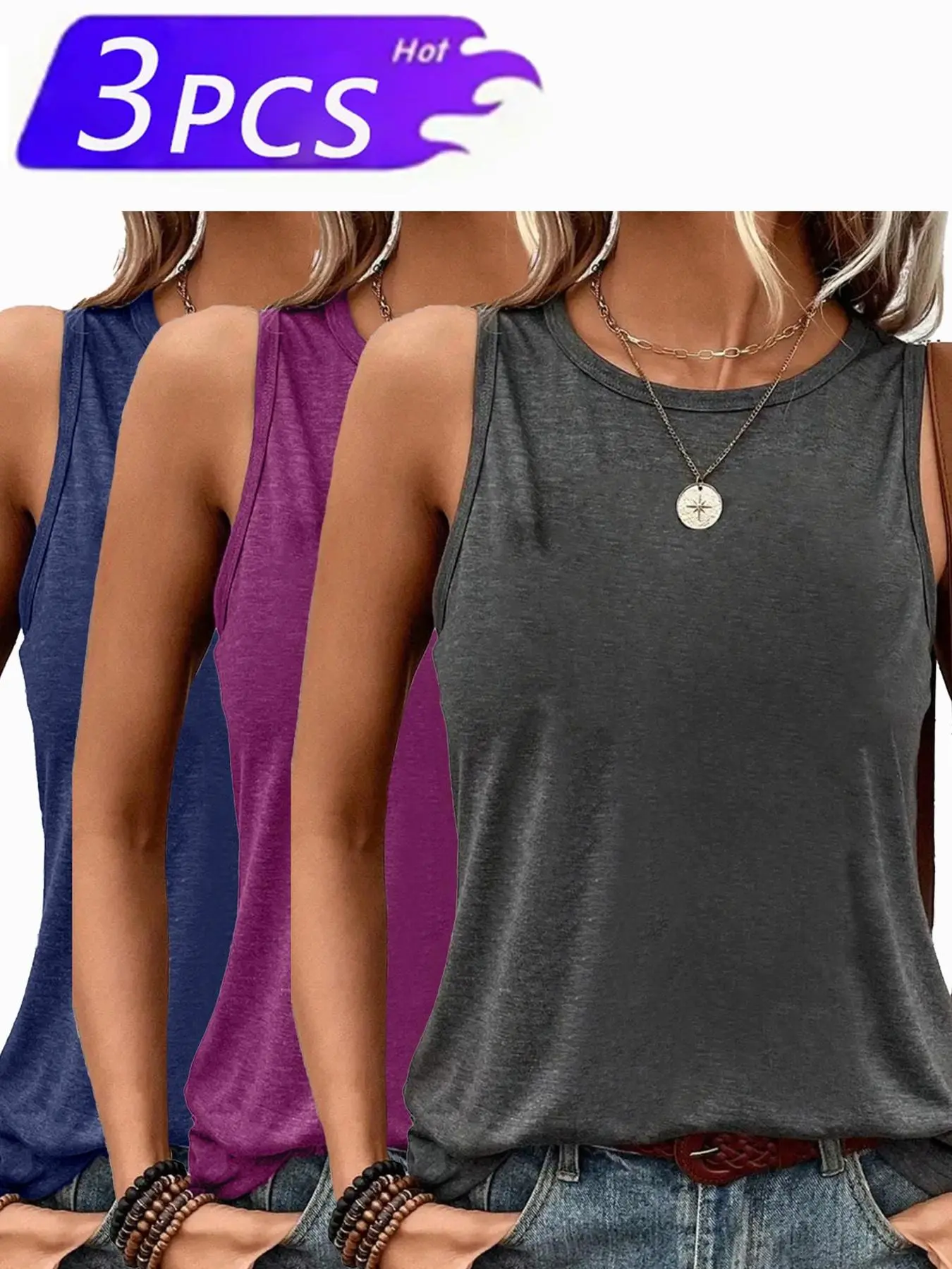 Women's Solid Round Neck Fitted Breathable Tank Top Camis, Casual Basic Sleeveless Crew Neck Top for Summer, Ladies Clothes for Daily Wear