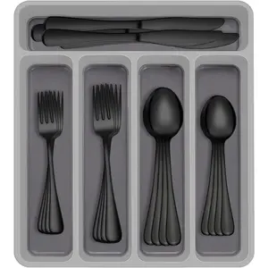 60-Piece Black Cutlery Set with Storage Box Stainless Steel Cutlery Suitable for 12 People Cutlery Set for Home Restaurant Cutlery Includes Knife Fork Spoon Set Mirror Polished Cutlery Sturdy and Durable