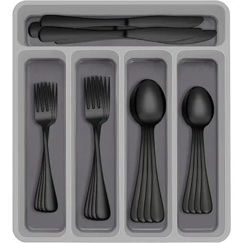 18/0 Food-Grade Stainless Steel 60-Piece Black Silverware Set with Drawer Organizer, 12-Person Cutlery for Daily Home Dining Ready, 12.67" Drawer Fit, Firm Child Grip Balanced Handle, Mirror Polished Sturdy Dinnerware Service Set
