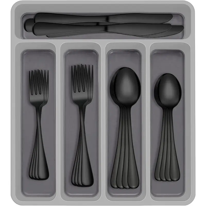 18/0 Food-Grade Stainless Steel 60-Piece Black Silverware Set with Drawer Organizer, 12-Person Cutlery for Daily Home Dining Ready, 12.67" Drawer Fit, Firm Child Grip Balanced Handle, Mirror Polished Sturdy Dinnerware Service Set