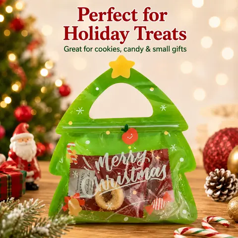 15/30 Pcs Christmas Tree‑Shaped Gift Bags with Reindeer, Resealable Plastic Zipper Snack Bags with Handles, for Candies, Cookies, Holiday Party Favors and Gifts