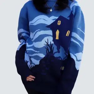 Witchwood 100% Cotton Knitted Sweater | Halloween Themed Blue and Black Baba Yaga Hut and Void Cat Folklore Design