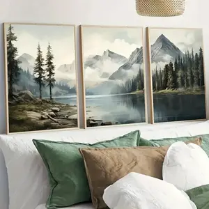 3pcs Wood Frame Forest Lake Abstract Landscape Art Poster Print, Evergreen Tree Canvas Painting, Living Room Rustic Cabin Wall Decor