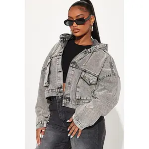 No Explanation Hooded Denim Jacket - Acid Wash Grey B