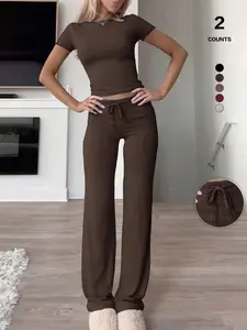 Women's Two-Piece Y2K, Fitted Baby Tee & High-Waist Flare Lounge Pants, Comfortable Tracksuit Set for Casual Wear