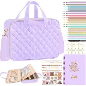 Bible Cover Case for Women, Large Bible Bag with Shoulder Strap and Handle, Bible Study Supplies Journaling Kit, Bible Highlighters and Pens No Bleed Tabs Notebook Cross Clips (Light Purple)