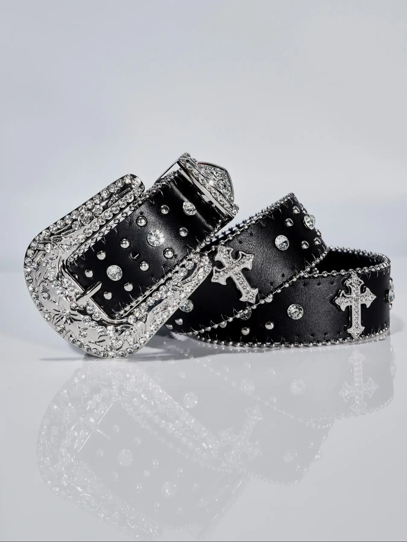1pc Women's Punk Rock, Silver Color Metal Cross Buckle, Fashionable Waistband for Night Out & Daily Wear, Rhinestone Buckles Belt, Rhinestone Decor Belt, Punk Style Belt
