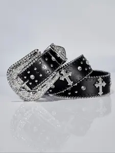 1pc Women's Punk Rock, Silver Color Metal Cross Buckle, Fashionable Waistband for Night Out & Daily Wear, Rhinestone Buckles Belt
