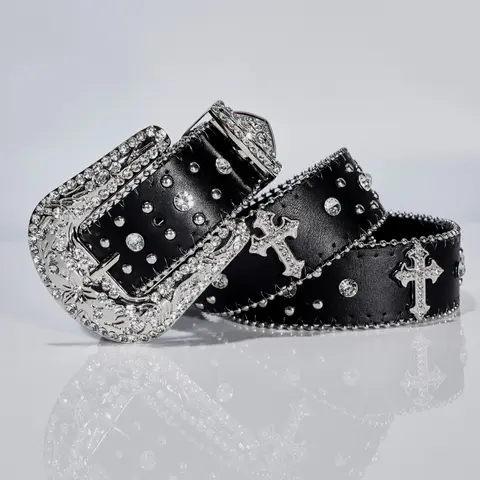 1pc Women's Punk Rock, Silver Color Metal Cross Buckle, Fashionable Waistband for Night Out & Daily Wear, Rhinestone Buckles Belt, Rhinestone Decor Belt, Punk Style Belt