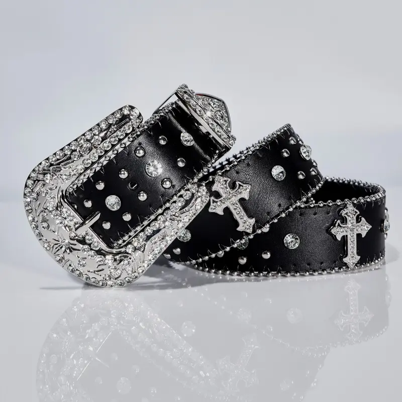 1pc Women's Punk Rock, Silver Color Metal Cross Buckle, Fashionable Waistband for Night Out & Daily Wear, Rhinestone Buckles Belt, Rhinestone Decor Belt, Punk Style Belt