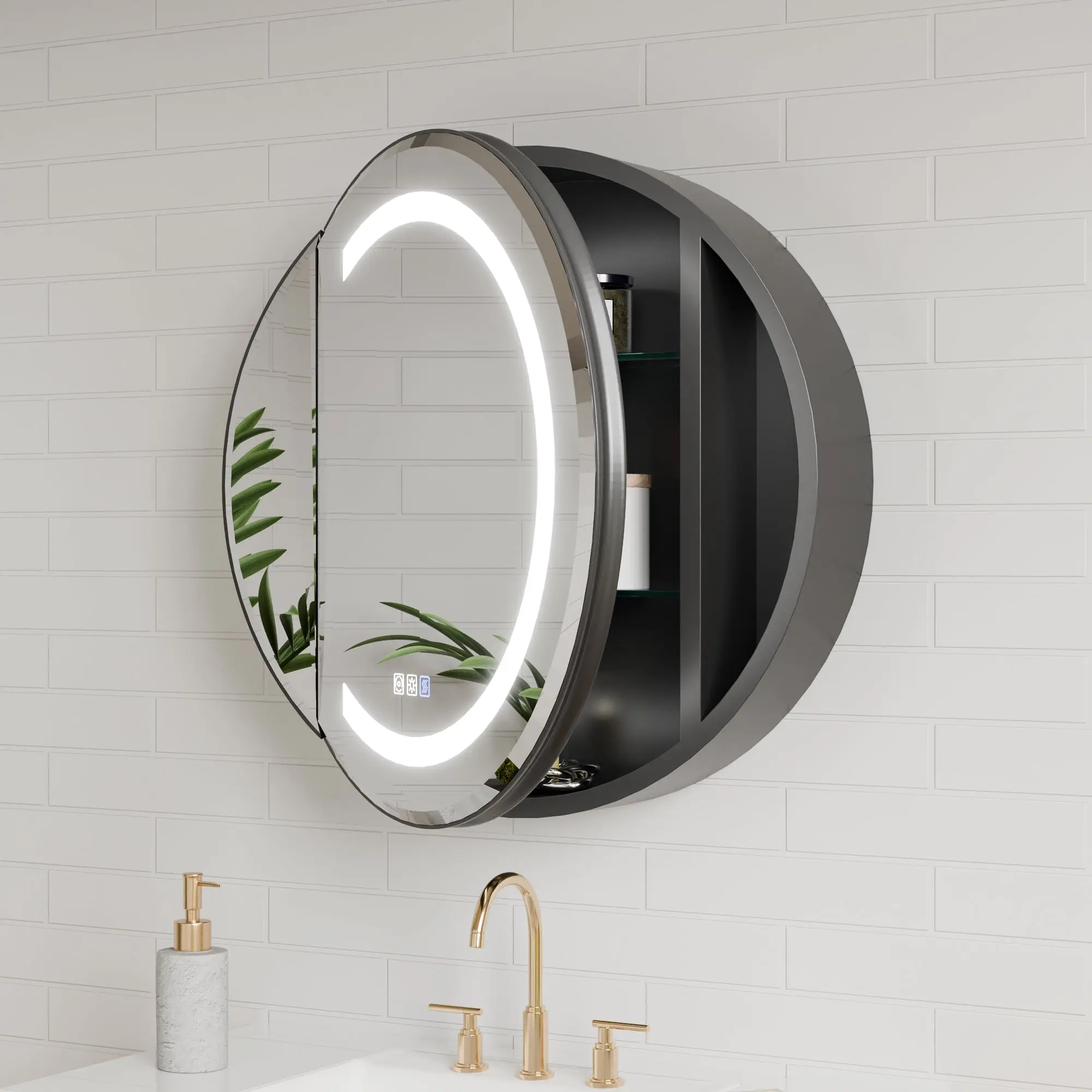 Hola 24" Round LED Medicine Cabinet with Black Frame - Anti-Fog, Dimmable Lighting, Surface Mount