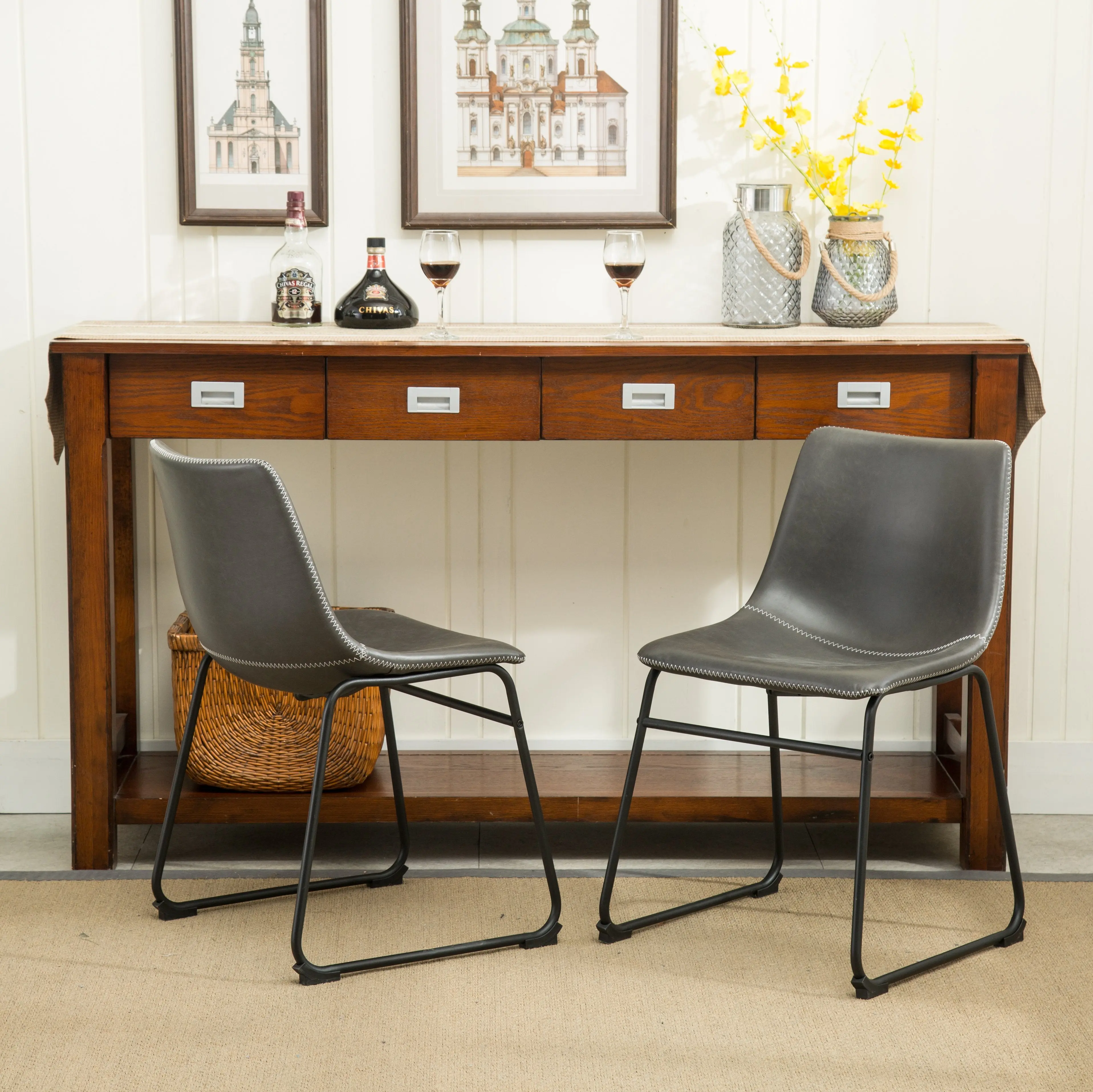 Lotusville Vintage PU Leather Dining Chairs, Antique Gray, Set of 2
