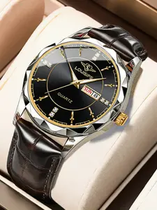 Luxury Men's Watch Leather Strap Dual Date Function Luminescent Hands 30m Waterproof Japanese Quartz Movement Casual Business Gift Stainless Steel Watch