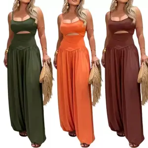 Women's Cut-out Cami Jumpsuit Adjustable Shoulder Straps with Pockets Backless Tie-Back Ruched High Waist Romper