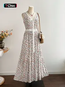 A long, sleeveless, casual, Slim vacation dress with a lace collar for womenboho easter beach outfits hawaii Coachella Music Festival Tropical vacation Spring