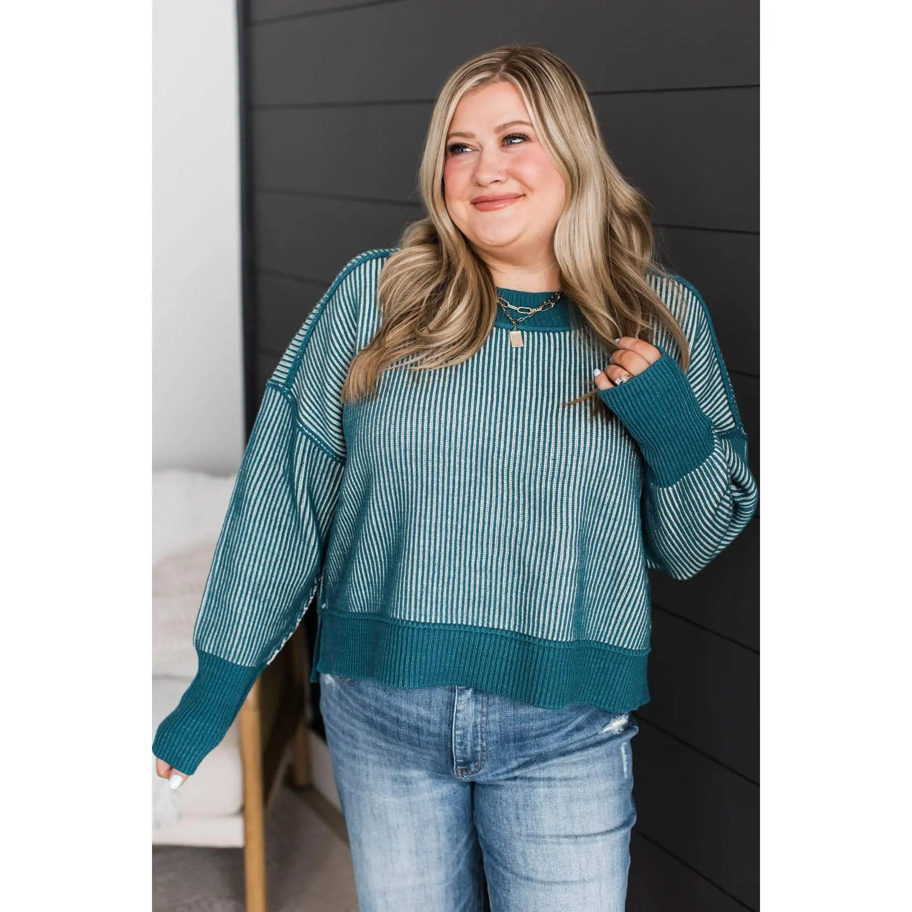 Total Devotion Two-Tone Knit Sweater- Dark Teal