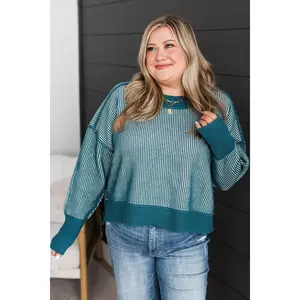 Total Devotion Two-Tone Knit Sweater- Dark Teal