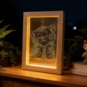 LED Photo Frame Night Light - Cute Tiger Design, 9x7 Inches Wooden Glow Frame with Acrylic Panel, USB-Powered Bedside Decor, Soothing Animal Lamp Gift for Kids, Teens, Adults