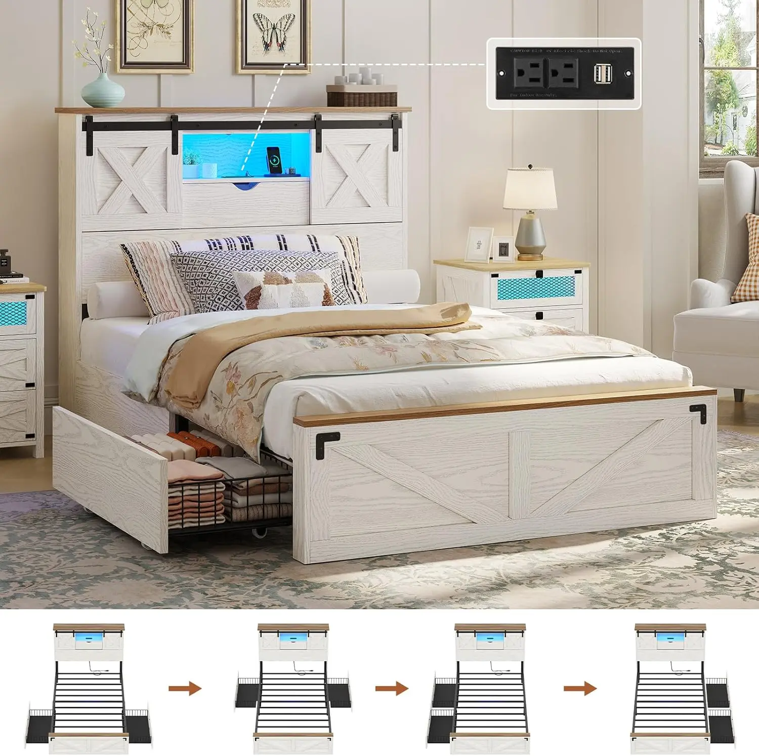 Hasuit Rustic Farmhouse Storage Bed Frame - Wooden Platform with 2 Drawers, LED Lighting, USB Port, Sliding Barn Door Cabinet Headboard, Charging Station, Assembly Required, Bed Frame Storage Solutions
