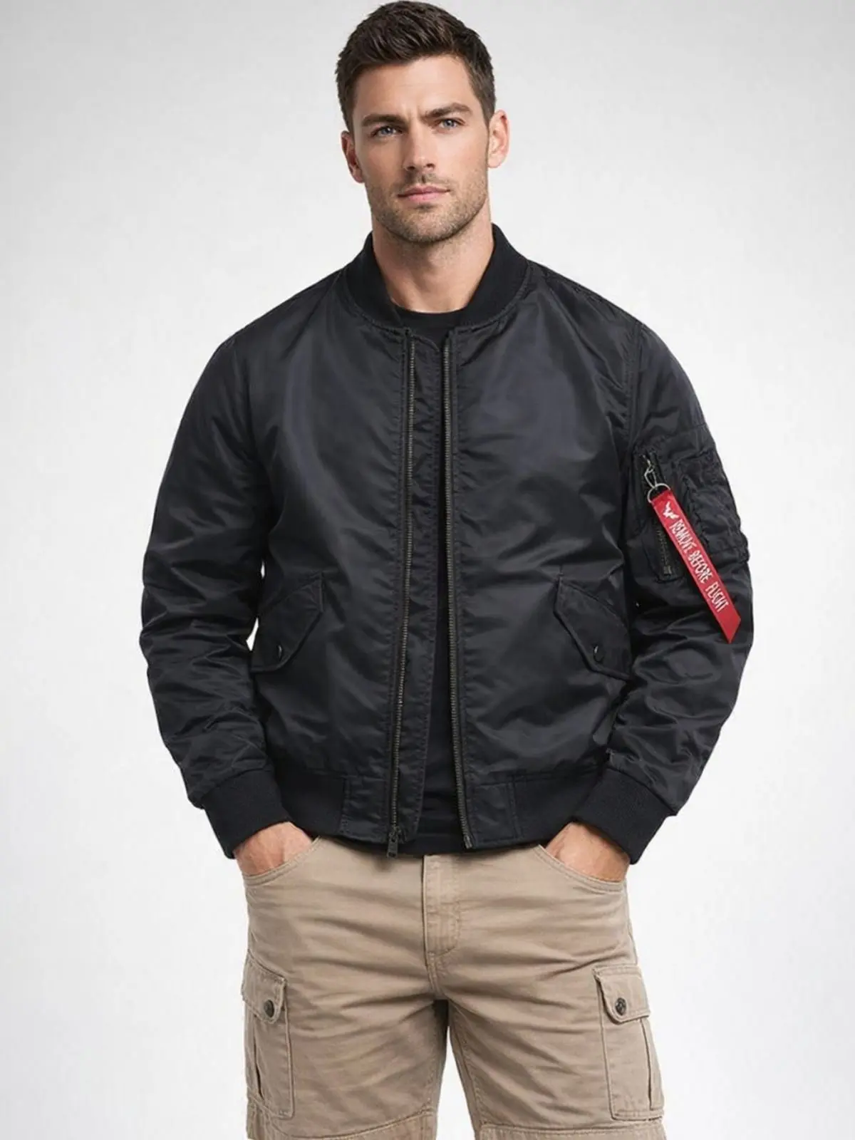 Men’s classic aviator jacket with red ribbon and zipper, lightweight baseball outerwear for spring and autumn
