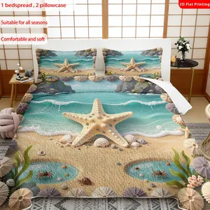 3pcs, 2D Flat Print Coastal Themed Bed Cover Set with Starfish & Shells Design, Multiple Sizes Available, Bedding Set, Festive Decorative Bedding, Ideal for Bedroom Décor(1 bedspread , 2 pillowcase)