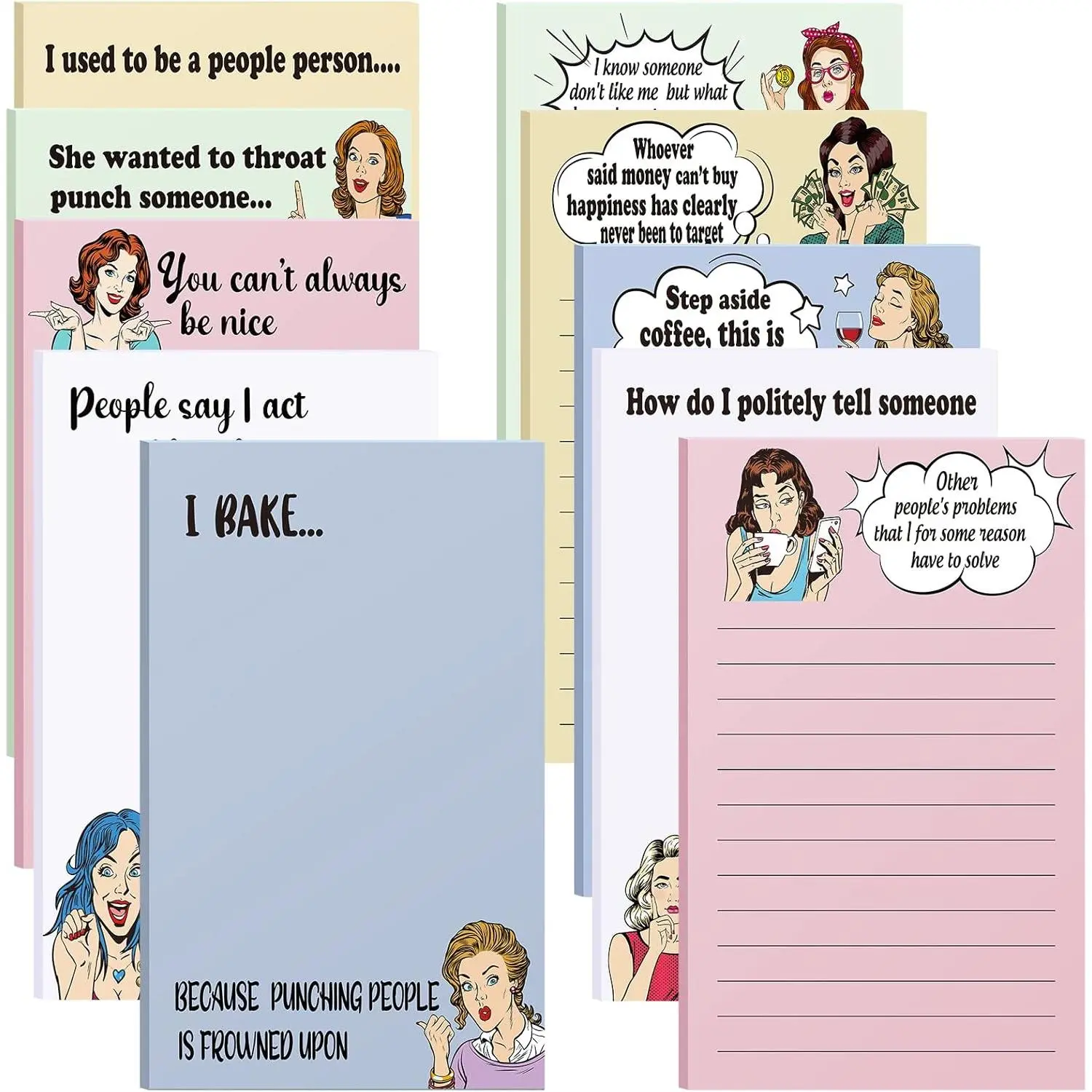 10 Packs Funny Memo Notepads Novelty Humor Note Pads Office Coworker Gifts for Women Affirmation  Yoga  Personalized Supplies (Funny Style)
