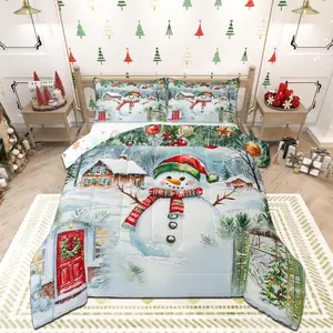 Merry Christmas Comforter Set,Watercolor Cute Snowman Pine Trees Bedding Set for Kids Boys Men,Xmas Cartoon Decor Natural Quilted Duvet Set