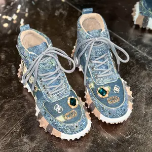 Women's Thick Sole Sport Shoes with Rhinestone Details,Daddy Shoes  Fashion Casual Sneakers, Letter Embroidery Design, Perfect for Daily Wear