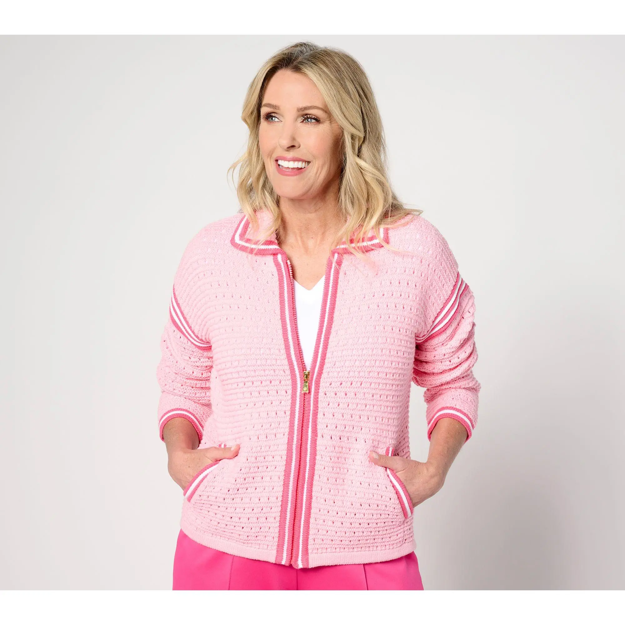Isaac Mizrahi Live! Clubhouse Crochet Zip Front Sweater Cardigan