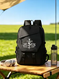 'Jesus Saved My Life' Cross Print Backpack, Multi-Pocket Casual Bag, Adjustable Straps, Large Capacity, Durable, for Teens & Adults, Casual Lightweight Backpack
