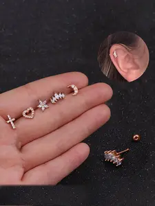5pcs/set Women's Fashionable Rhinestone Decor Stud Earrings, Heart & Flower & Moon Shaped Stud Earrings, Body Piercing Jewelry for Women & Girls, Valentine's Day, Gift, Ear Studs, Stud Earring Sets