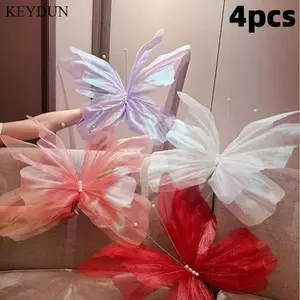4Pcs Large 3D Double-Layer Butterfly Decor, Iridescent Organza with Pearl Design, Realistic Hanging Decor for Banquets, Parties, Garden, Home & Office, Dreamy Atmosphere Ornaments, Long-Lasting Maintenance-Free Fake Floral Decor for All Occasions