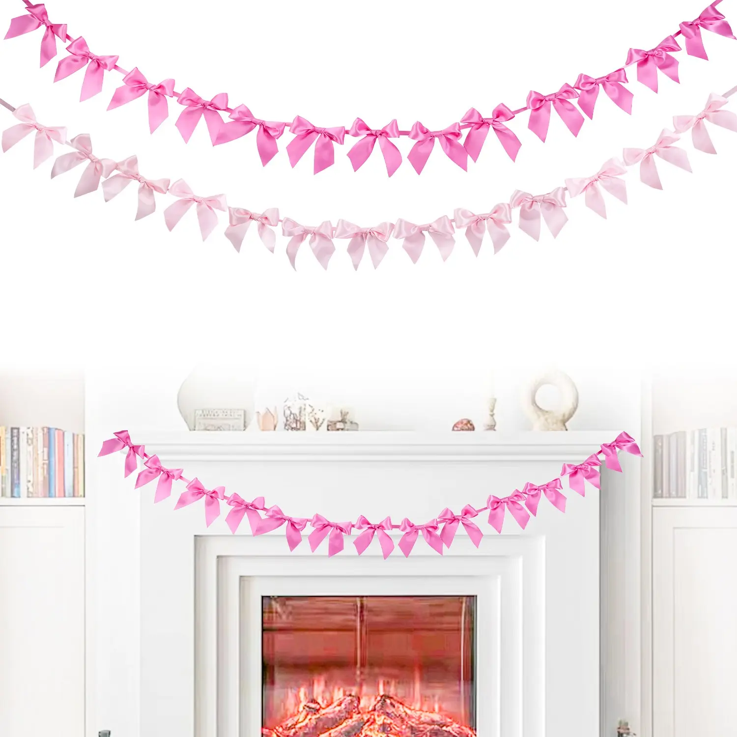 2pcs Pink Bow Garland Banner, Pink Ribbon Bow Party Decorations for Baby Shower Girls Bow Coquette Birthday Party Decor