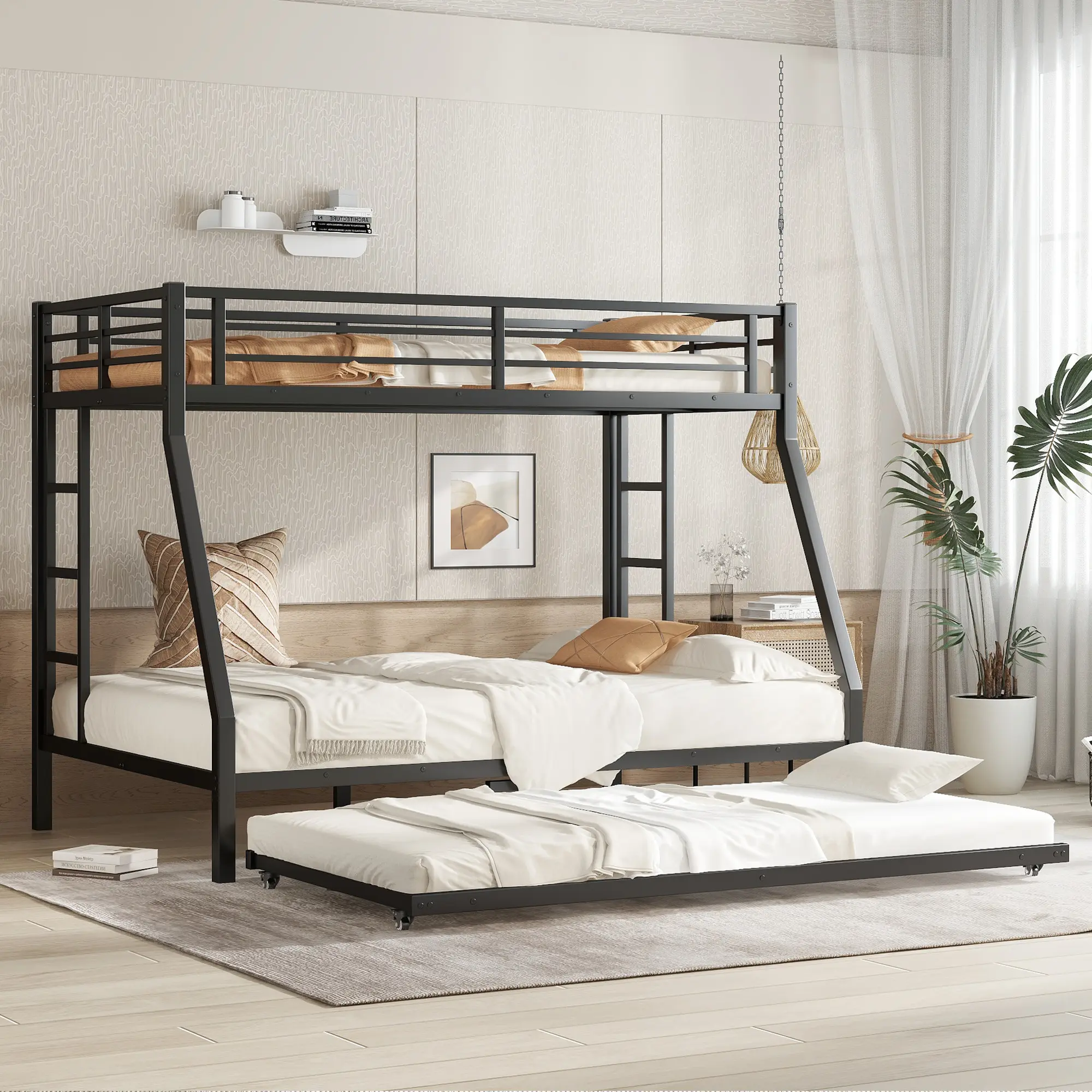 Twin over Full Metal Bunk Bed with Twin Size Trundle, Black, Heavy Duty Steel Frame, Space Saving Design for Kids Teens Guest Room, No Box Spring Needed, Easy Assembly, Durable Bed Frame, Bedroom Furniture for Bedroom, Guest Room, Kids Room